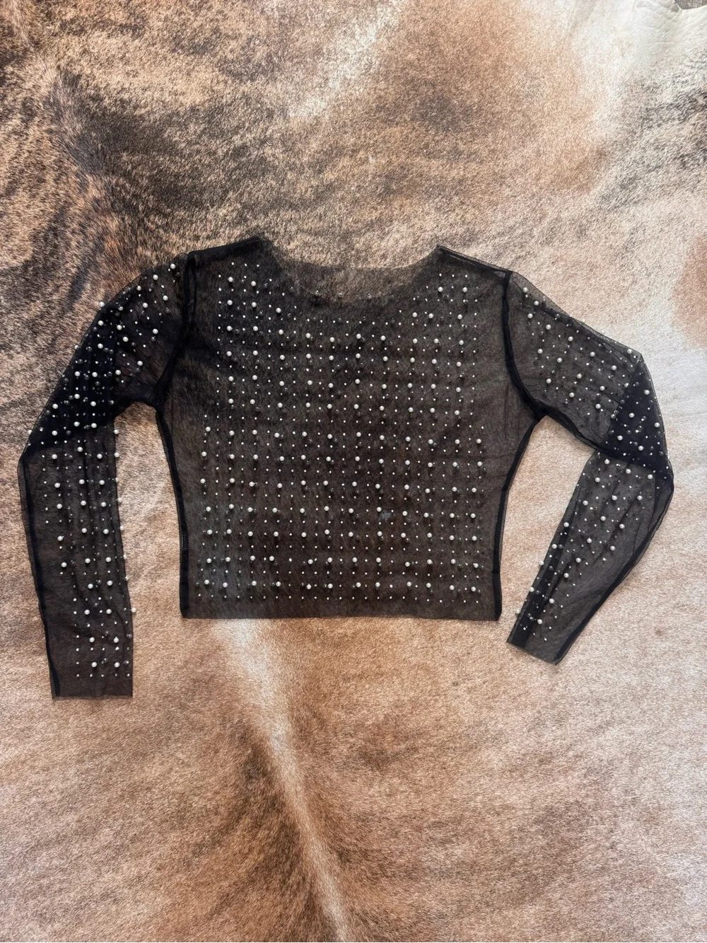 Sheer Pearl-Embellished Crop Top - Black